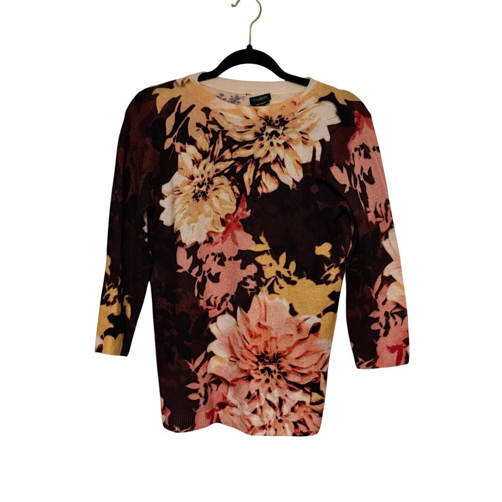 Talbots 100% Cashmere Floral Sweater Small Dark Floral 3/4 Sleeve